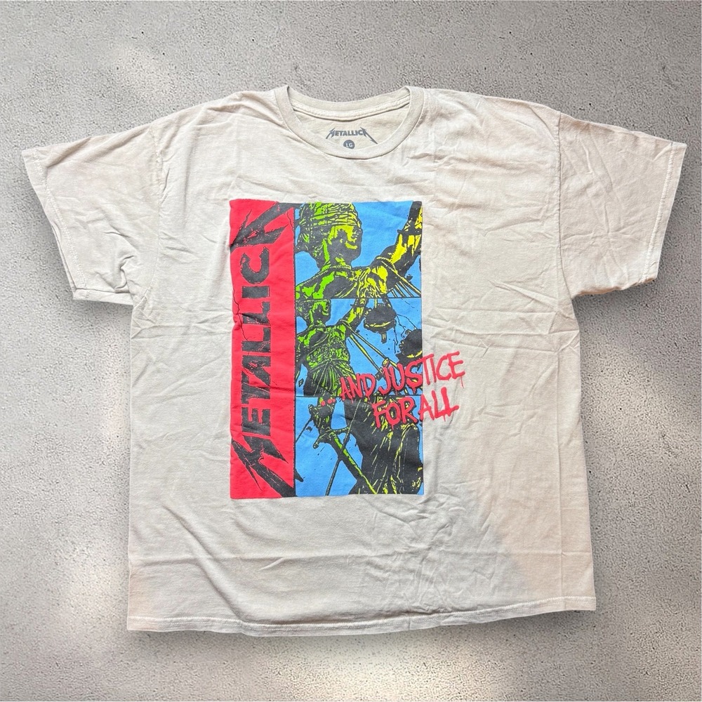 Metallica And Justice For All Band Tee Tan Neon Graphic Shirt LG 2022 NEW